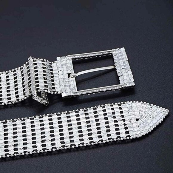Embellished Silver Clear Rhinestone Diamanté 5 Row Chain Link Adjustable Belt main image 10